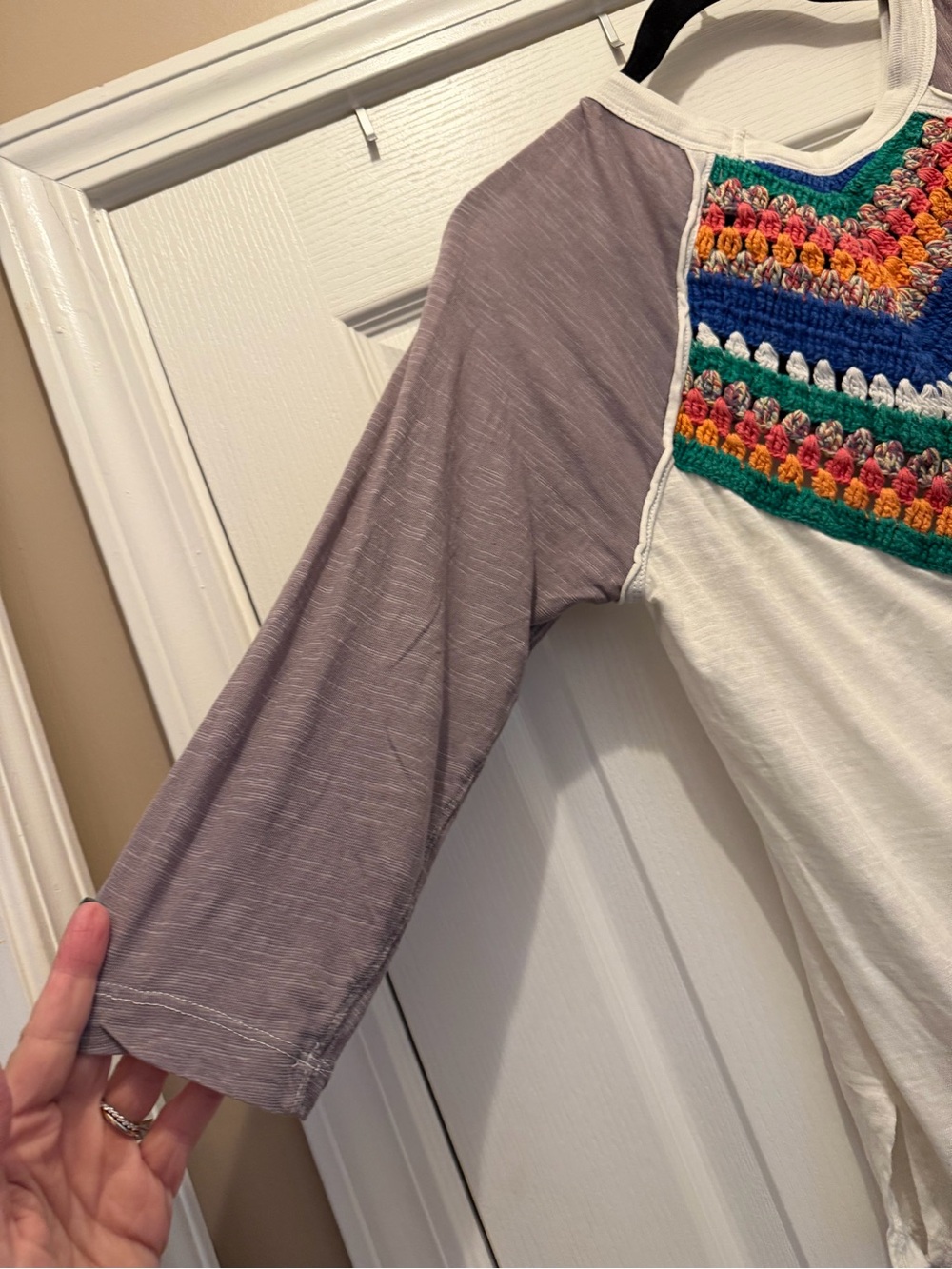 Boho Crochet Yoke Raglan Top - Lavender Sleeve, Ivory Body - NWOT